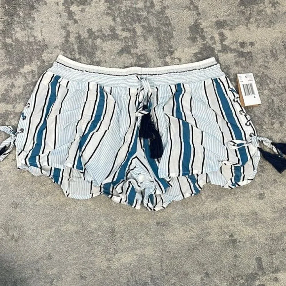 NWT Surf Gypsy Printed Side Lace Up Swim Cover Up Shorts Stripe Beach Blue Sz L
